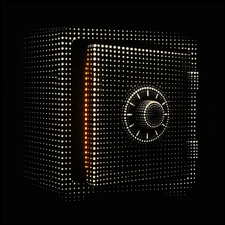 An open safe formed from ivory dots with an orange door seam